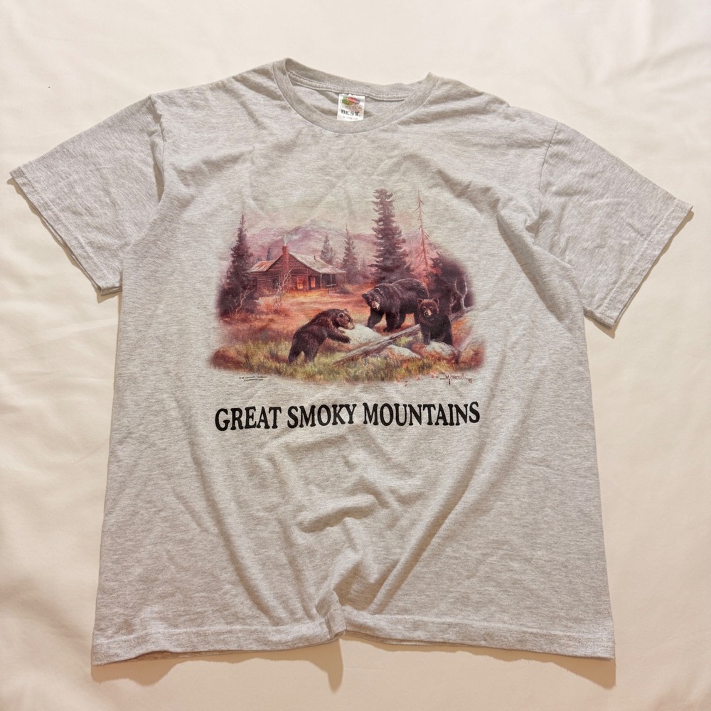 Fruit of the Loom T-Shirt Men Large Gray Great Smoky Mountains Bear Y2K 2000s